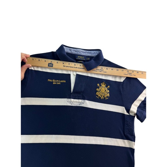 Polo Ralph Lauren Mens Custom Fit Striped Rugby Polo Shirt Navy White Sz LG Logo - Picture 9 of 16